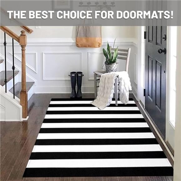 Black White Striped Rug-3x5 Front Door Mats Outdoor,Washable Rug for porch Decor - Picture 4 of 6